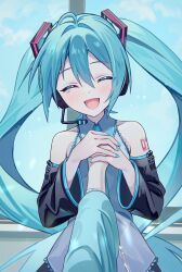 Rule 34 | 1girl, 1other, absurdres, aqua hair, aqua nails, black skirt, blue necktie, blue robe, closed eyes, commentary request, detached sleeves, disembodied hand, facing viewer, grey shirt, hatsune miku, headset, highres, long hair, microphone, nail polish, necktie, number tattoo, open mouth, robe, shirt, shoulder tattoo, skirt, smile, tattoo, tearing up, twintails, vocaloid, vs0mr, window