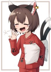 Rule 34 | 1girl, absurdres, animal ear fluff, animal ear piercing, animal ears, asakura haru, border, brown border, brown hair, cat ears, cat tail, chen, closed eyes, commentary request, double-parted bangs, highres, holding, holding pillow, multiple tails, no headwear, pajamas, paw print, paw print pattern, pillow, red pajamas, short hair, simple background, sleepy, solo, tail, tears, touhou, two tails, white background, yawning