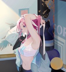 Rule 34 | 1girl, absurdres, arknights, arm behind head, blue eyes, blue jacket, blue poison (arknights), blue poison (shoal beat) (arknights), braid, character name, chinese commentary, hairband, highres, jacket, long hair, midriff, mouth hold, n6058, navel, off shoulder, official alternate costume, pink hair, solo, sports bra, tying hair, upper body, white hairband, white sports bra