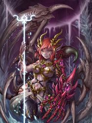Rule 34 | 1girl, claws, colored skin, demon girl, earrings, extra eyes, gauntlets, grey skin, horns, jewelry, looking at viewer, monster girl, navel, pentagram, pointy ears, red hair, revealing clothes, scythe, spikes, tagme, tattoo, thighs, weapon