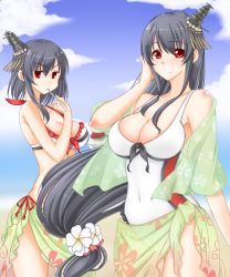 Rule 34 | &gt;:(, 10s, 2girls, bare shoulders, beach, bikini, black hair, blue sky, blurry, breasts, cleavage, cloud, cloudy sky, commentary request, covered navel, day, depth of field, flower, frown, fusou (kancolle), hair flower, hair ornament, kantai collection, kuon (nokokopopo), large breasts, long hair, looking at viewer, mouth hold, multiple girls, navel, ocean, pout, red eyes, short hair, sky, smile, standing, swimsuit, v-shaped eyebrows, yamashiro (kancolle)