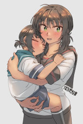 Rule 34 | 2girls, aged down, black hair, black sailor collar, black skirt, blue sailor collar, blue skirt, blush, carrying, child, closed eyes, closed mouth, commentary request, ergot, fubuki (kancolle), fubuki kai ni (kancolle), green eyes, grey background, highres, kantai collection, looking at viewer, low ponytail, multiple girls, parted lips, ponytail, sailor collar, school uniform, serafuku, short ponytail, short sleeves, signature, simple background, skirt