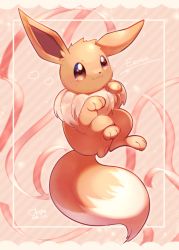 Rule 34 | :3, absurdres, blush, brown eyes, character name, closed mouth, creatures (company), dated, eevee, framed, full body, game freak, gen 1 pokemon, heart, highres, nintendo, no humans, okoge (simokaji), pink background, pokemon, pokemon (creature), signature, smile, solo, symbol-only commentary
