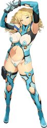 Rule 34 | 1girl, arms up, blonde hair, blue eyes, blue thighhighs, bodysuit, boots, drill hair, full body, furoria frank, long hair, navel, official art, own hands together, parted bangs, revealing clothes, shiny clothes, shiny skin, solo, super robot wars, super robot wars x-omega, thigh boots, thighhighs, thong, transparent background, watanabe wataru (character designer), wide hips
