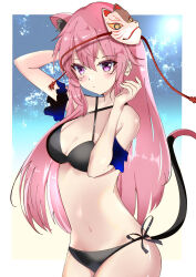 Rule 34 | 1girl, alternate costume, animal ear fluff, animal ears, arm scrunchie, arm up, bikini, black bikini, blue scrunchie, blush, border, breasts, cat ears, cat girl, cat mask, cat tail, cleavage, closed mouth, colored eyelashes, commentary, cowboy shot, criss-cross halter, expressionless, gradient background, halterneck, hand up, hata no kokoro, highres, kemonomimi mode, kyuu cat, long hair, looking at viewer, mask, mask on head, medium breasts, navel, pink hair, purple eyes, scrunchie, side-tie bikini bottom, sidelocks, simple background, solo, straight hair, swimsuit, tail, touhou, tsurime, very long hair, white border