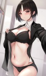 Rule 34 | 1girl, black bra, black eyes, black hair, black jacket, black panties, blush, bra, breasts, closed mouth, collared shirt, commentary request, dress shirt, highres, jacket, large breasts, long sleeves, looking at viewer, navel, open clothes, open jacket, original, panties, reaching, reaching towards viewer, selfie, shirt, short hair, solo, sweat, take (trude1945oneetyan), underwear, white shirt