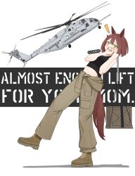Rule 34 | !, 1girl, aircraft, animal ears, artist name, atamonica, bare shoulders, black tank top, blush, box, brown footwear, brown pants, ch-53, clothes around waist, english text, full body, hair between eyes, helicopter, highres, holding, holding box, horse ears, horse girl, horse tail, military, original, pants, personification, shirt, shirt around waist, short hair, simple background, standing, standing on one leg, stomach, tail, tank top, vehicle and personification, white background