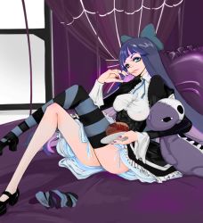 Rule 34 | 10s, 1girl, aqua eyes, bad id, bad pixiv id, bed, blunt bangs, bow, breasts, cake, colored inner hair, corset, crossed legs, dress, food, hair bow, honekoneko (psg), large breasts, legs, lips, lolita fashion, long hair, mary janes, multicolored hair, nail polish, nucoco, panty &amp; stocking with garterbelt, plate, puffy sleeves, shoes, short dress, single thighhigh, sitting, solo, stocking (psg), striped clothes, striped thighhighs, stuffed animal, stuffed cat, stuffed toy, thighhighs, two-tone hair