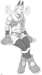 Rule 34 | 1boy, abs, alternate costume, animal feet, animal hands, bare shoulders, black hair, cosplay request, covered erect nipples, full body, fur-trimmed legwear, fur trim, greyscale, looking at viewer, male focus, monochrome, navel, pectoral cleavage, pectorals, reiner braun, shingeki no kyojin, short hair, sitting, solo, thick thighs, thighhighs, thighs, translation request, zyunya
