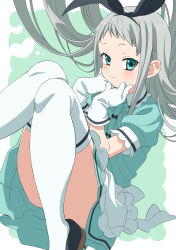 Rule 34 | 1boy, :3, apron, black footwear, black hairband, black ribbon, blend s, blush, border, collared dress, commentary request, dokushibuki, dress, feet out of frame, frilled apron, frills, gloves, green background, green dress, green eyes, grey hair, hair ribbon, hairband, hands on own cheeks, hands on own face, heart, highres, kanzaki hideri, long hair, looking at viewer, male focus, outside border, pleated dress, puffy sleeves, ribbon, short sleeves, sidelocks, simple background, solo, thighhighs, trap, upskirt, very long hair, white apron, white border, white gloves, white thighhighs