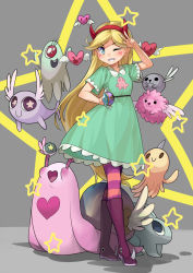 Rule 34 | 1girl, ;d, animification, blonde hair, blue eyes, boots, demon horns, dress, flying, frostcyco, green dress, hairband, heart, heart cheeks, horns, long hair, monster, octopus, one eye closed, open mouth, pantyhose, simple background, single horn, smile, snail, standing, star-shaped pupils, star (symbol), star butterfly, star vs the forces of evil, striped clothes, striped pantyhose, symbol-shaped pupils, w, wand