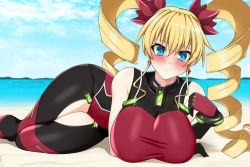 Rule 34 | armband, bare shoulders, beach, blonde hair, blue eyes, breasts, claire harvey, drill hair, earrings, huge breasts, hundred (light novel), jewelry, solo, twin drills