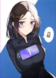 Rule 34 | 1girl, battery indicator, blue eyes, blush, breasts, brown hair, buttons, cellphone, ear piercing, frown (wonderland85711), large breasts, looking at viewer, medium hair, mole, mole under eye, phone, piercing, samsung, samsung sam, smartphone, speech bubble, tawawa challenge, upper body