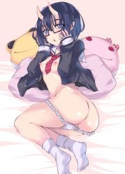 Rule 34 | 1girl, adjusting eyewear, ass, black hair, blue eyes, bow, breasts, chestnut mouth, eyes visible through hair, female focus, glasses, highres, horns, jacket, long sleeves, looking at viewer, lying, necktie, nipples, no bra, no shoes, on side, oni, oni horns, open clothes, open jacket, original, panties, panty pull, pillow, polka dot, polka dot bow, revision, senrireiri, shiny skin, short hair, small breasts, socks, solo, striped, striped necktie, underwear, white panties, white socks