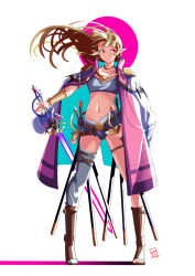 1girl, alternate costume, armor, automatic giraffe, boots, bracelet, breasts, brown hair, cape, commentary, crop top, cutoffs, earrings, english commentary, full body, glowing, glowing sword, glowing weapon, hand on hilt, holding, holding sword, holding weapon, jewelry, knee boots, long hair, multiple swords, nintendo, pauldrons, pearl bracelet, pointy ears, princess zelda, rapier, red eyes, reverse grip, scabbard, sheath, sheathed, shorts, shoulder armor, single thighhigh, small breasts, solo, sword, the legend of zelda, the legend of zelda: a link between worlds, thighhighs, toeless footwear, too many, triangle earrings, triforce, vambraces, weapon, window