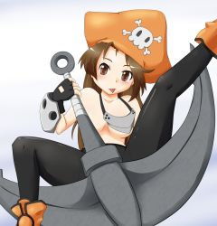 Rule 34 | 1girl, :p, anchor, arc system works, blush, brown eyes, brown hair, censored, convenient censoring, fingerless gloves, gloves, guilty gear, hat, may (guilty gear), pantyhose, pirate hat, solo, tagme, tongue, tongue out, topless, yu yun