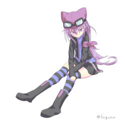 Rule 34 | 1girl, digimon, goggles, goggles on head, hat, sayo (digimon), solo, striped clothes, striped thighhighs, thighhighs