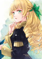 Rule 34 | 1girl, alternate hairstyle, black jacket, blonde hair, blunt bangs, bow, braid, breasts, commentary request, drill hair, ebi puri (ebi-ebi), fire emblem, fire emblem: three houses, french braid, green bow, green eyes, hair bow, ingrid brandl galatea, jacket, juliet sleeves, long hair, long sleeves, nintendo, parted lips, puffy sleeves, small breasts, solo, upper body, very long hair