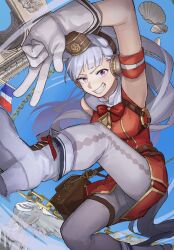 Rule 34 | 1girl, animal ears, arc de triomphe, arm up, armpits, bag, bare shoulders, breasts, brown bag, brown headwear, buttons, chain, commentary request, double-breasted, dress, french flag, gloves, gold chain, gold ship (umamusume), grey hair, grin, highres, horse ears, horse girl, horse tail, large breasts, looking at viewer, outdoors, pantyhose, pillbox hat, purple eyes, red dress, shell, shoulder bag, smile, solo, tail, thigh strap, umamusume, umiwashi, w, white footwear, white gloves, white pantyhose