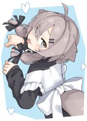 1girl :3 :p ahoge animal_ear_fluff animal_ears apron back_bow black_bow black_dress black_ribbon black_shirt blue_background blush bone_hair_ornament bow brown_eyes brown_hair closed_mouth dog_ears dog_girl dog_tail dress frilled_apron frills from_above from_behind grey_eyes grey_hair grey_tail hair_between_eyes hair_bow hair_ornament hair_over_one_eye hair_ribbon hairclip hands_up heart highres long_hair long_sleeves looking_at_viewer looking_back low_twintails mafuyu_(vrchat) maid maid_apron medium_hair oekakimuzui_vrc paw_pose ribbon shirt short_hair_with_long_locks simple_background sleeves_past_wrists smile solo tail tongue tongue_out twintails two-tone_background upper_body vrchat white_apron white_background