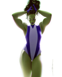 1girl adjusting_hair arms_up colored_skin gloves green_skin jeff_dekal leotard marvel multicolored_leotard purple_gloves purple_leotard she-hulk signature simple_background solo two-tone_leotard white_background white_leotard