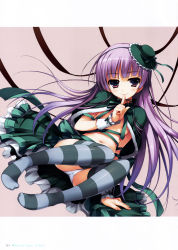 Rule 34 | 1girl, absurdres, blush, convenient censoring, feet, full body, hat, highres, huge filesize, lolita fashion, long hair, no shoes, panties, pantyshot, purple background, purple eyes, purple hair, simple background, sitting, smile, solo, striped clothes, striped thighhighs, thighhighs, tomose shunsaku, underwear