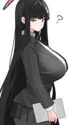 Rule 34 | 1girl, ?, black hair, black pantyhose, black skirt, blue archive, blush, breasts, closed mouth, cowboy shot, formal, from side, hair ornament, hairpin, halo, highres, large breasts, long hair, long sleeves, pantyhose, pleated skirt, red eyes, rio (blue archive), simple background, skirt, solo, suit, tsumayouji (tumayog), white background