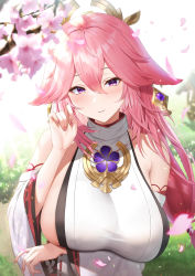 Rule 34 | 1girl, animal ears, arm under breasts, bare shoulders, blue eyes, blush, breast hold, breasts, cherry blossoms, day, detached sleeves, fox ears, futon fly away, genshin impact, hair ornament, highres, large breasts, long hair, long sleeves, looking at viewer, outdoors, parted lips, petals, pink hair, sideboob, smile, solo, upper body, very long hair, wide sleeves, yae miko