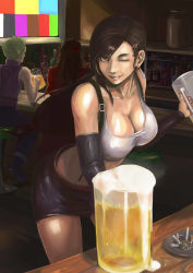 Rule 34 | 1990s (style), 1girl, 2boys, absurdres, alcohol, bar (place), bare shoulders, beer, black hair, blonde hair, breasts, brown eyes, cleavage, cloud strife, cup, drinking glass, final fantasy, final fantasy vii, grin, headband, highres, hukutuuprunes, large breasts, long hair, looking at viewer, multiple boys, one eye closed, retro artstyle, seventh heaven, smile, suspenders, television, tifa lockhart, vincent valentine