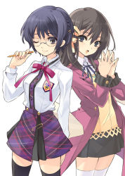 Rule 34 | 2girls, ;), bow, bowtie, coat, glasses, hair ribbon, ito noizi, long hair, looking at viewer, mechanical pencil, miniskirt, multiple girls, one eye closed, original, own hands together, pen, pencil, plaid, plaid skirt, ribbon, safety pin, school uniform, short hair, simple background, skirt, smile, thighhighs, white background, wink, zettai ryouiki
