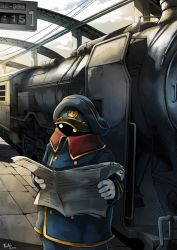 Rule 34 | 10s, 1boy, 2014, alien, artist request, cable, cloud, conductor (ginga tetsudou 999), ginga tetsudou 999, gloves, glowing, glowing eyes, hat, locomotive, machinery, newspaper, reading, science fiction, signature, spacecraft, three-nine (space train), train station, uniform, wire