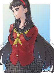 Rule 34 | 1girl, amagi yukiko, arms behind back, black eyes, black hair, blue background, blunt bangs, closed mouth, collarbone, cowboy shot, hairband, highres, houndstooth, lips, long hair, long sleeves, looking to the side, neckerchief, outside border, patreon username, persona, persona 4, pleated skirt, poechan chan, red hairband, red sweater, school uniform, serafuku, skirt, smile, solo, straight hair, sweater, two-tone background, yasogami school uniform, yellow neckerchief