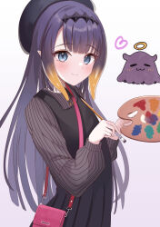 Rule 34 | 1girl, :3, absurdres, bag, black dress, black headwear, black shirt, blue eyes, blunt bangs, blush, closed mouth, creature, dress, gradient background, gradient hair, halo, handbag, heart, highres, holding, holding paintbrush, hololive, hololive english, long hair, long sleeves, looking at viewer, mole, mole under eye, multicolored hair, ninomae ina&#039;nis, ninomae ina&#039;nis (2nd costume), onabe no shime, orange hair, paintbrush, palette (object), pinafore dress, pointy ears, purple background, purple hair, shirt, shoulder bag, sidelocks, sleeveless, sleeveless dress, smile, solo focus, split mouth, straight hair, striped, striped shirt, takodachi (ninomae ina&#039;nis), tentacle hair, vertical-striped shirt, vertical stripes, very long hair, virtual youtuber, white background