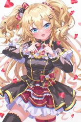 Rule 34 | 1girl, akai haato, akai haato (gothic lolita), aqua eyes, blonde hair, blurry, blush, bow, commentary request, cowboy shot, dress, fang, frills, gothic lolita, hair bow, hair ornament, hairclip, heart, heart-shaped pupils, heart hair ornament, heart hands, highres, hololive, lolita fashion, long hair, looking at viewer, open mouth, red dress, shinonoko (tubamecider), simple background, solo, symbol-shaped pupils, thigh strap, thighhighs, virtual youtuber, white background, zettai ryouiki