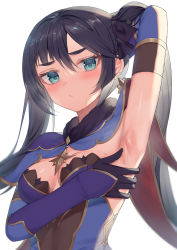 Rule 34 | 1girl, alexmaster, arm behind head, arm up, armpits, black gloves, black hair, blue cape, blue leotard, bodystocking, breasts, cape, detached sleeves, earrings, elbow gloves, fur collar, genshin impact, gloves, gold trim, green eyes, jewelry, leotard, long hair, looking at viewer, medium breasts, mona (genshin impact), star (symbol), star earrings, twintails