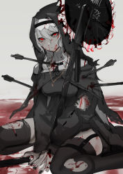 Rule 34 | 1girl, absurdres, arknights, arrow (projectile), arrow in body, black dress, black footwear, black headwear, black nails, black thighhighs, blood, blood on face, bloody weapon, boots, broken, broken weapon, chuhaibane, circular saw, commentary, dress, garter straps, grey hair, habit, highres, jewelry, long hair, long sleeves, nail polish, necklace, nun, parted lips, red eyes, saw, sitting, solo, specter (arknights), thigh strap, thighhighs, torn clothes, torn dress, torn thighhighs, wariza, weapon