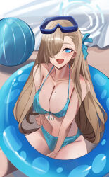 Rule 34 | 1girl, absurdres, asuna (blue archive), bare arms, bare legs, bare shoulders, bikini, blue archive, blue bikini, blue eyes, blue halo, breasts, cleavage, collarbone, connyalow, goggles, goggles on head, hair over one eye, halo, highres, innertube, large breasts, light brown hair, long hair, mole, mole on breast, open mouth, smile, solo, swim ring, swimsuit
