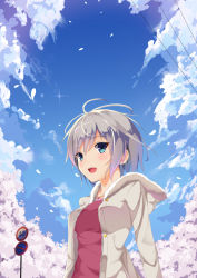 Rule 34 | 10s, 1girl, anastasia (idolmaster), blue sky, blush, cherry blossoms, cloud, day, earrings, fur trim, hatsu (first snow), idolmaster, idolmaster cinderella girls, jacket, jewelry, long sleeves, necklace, petals, short hair, sign, silver hair, sky, solo