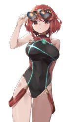 Rule 34 | 1girl, bare shoulders, breasts, chest jewel, competition swimsuit, covered navel, epi zero, eyewear on head, female focus, gem, hand up, heart, heart-shaped eyewear, highres, large breasts, looking at viewer, matching hair/eyes, nintendo, one-piece swimsuit, pyra (pro swimmer) (xenoblade), pyra (xenoblade), red eyes, red hair, short hair, simple background, solo, standing, sunglasses, sunglasses on head, swimsuit, thighs, tiara, white background, xenoblade chronicles (series), xenoblade chronicles 2