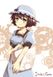 Rule 34 | 1girl, bad id, bad pixiv id, bag, blue eyes, bow, brown hair, collarbone, dress, eyebrows, female focus, gears, hat, hat bow, highres, light smile, shiina mayuri, shinoko, short hair, smile, solo, steins;gate, thick eyebrows, upper body, white background