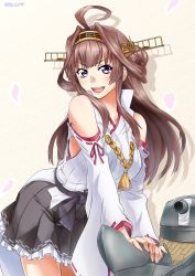 Rule 34 | 1girl, absurdres, ahoge, akito (sub707), bare shoulders, black skirt, breasts, brown hair, detached sleeves, double bun, hair bun, hairband, headgear, highres, japanese clothes, kantai collection, kongou (kancolle), kongou kai ni (kancolle), large breasts, long hair, looking at viewer, nontraditional miko, open mouth, purple eyes, skirt, smile, solo, thighs, v-shaped eyebrows
