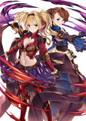 Rule 34 | 10s, 2girls, armor, aura, beatrix (granblue fantasy), belt, blonde hair, blue eyes, braid, breasts, brown hair, cleavage, cleavage cutout, clothing cutout, cowboy shot, dress, gauntlets, granblue fantasy, greaves, green eyes, hair ornament, hairband, highres, long hair, looking at another, medium breasts, midriff, multiple girls, navel, pak ce, parted lips, pauldrons, ponytail, purple skirt, shoulder armor, skirt, smile, stomach, twintails, zeta (granblue fantasy)