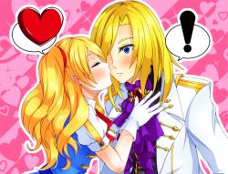 Rule 34 | !, 1boy, 1girl, ascot, black shirt, blonde hair, blue eyes, blue vest, blush, borozoukin, bow, bowtie, brooch, closed eyes, closed mouth, coat, commentary request, gem, gloves, hair over one eye, heart, hetero, jewelry, kiss, kissing cheek, long hair, nyhill m. heine, pink background, purple ascot, ragnarok online, red bow, red bowtie, red gemstone, shirt, skia nerius, spoken exclamation mark, spoken heart, twintails, upper body, vest, white coat, white gloves, white shirt