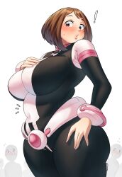 Rule 34 | !, 1girl, absurdres, blush, bodysuit, boku no hero academia, breasts, brown eyes, brown hair, covered navel, dasan242, highres, large breasts, matching hair/eyes, navel, parted lips, plump, short hair, sidelocks, simple background, skin tight, solo, solo focus, sweatdrop, teeth, thick thighs, thighs, uraraka ochako, white background