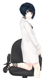 Rule 34 | 10s, 1girl, black hair, black shirt, bob cut, brown eyes, chair, choker, commentary, emnay, high heels, highres, jewelry, lab coat, leg up, light frown, looking at viewer, looking back, messy hair, necklace, office chair, persona, persona 5, shirt, short hair, simple background, solo, studded choker, swivel chair, takemi tae, thighs, white background