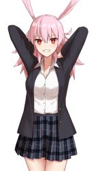 Rule 34 | 1girl, arms behind head, black jacket, breasts, commentary request, elfenlied22, fate/grand order, fate (series), grey skirt, grin, head wings, highres, hildr (fate), jacket, large breasts, long hair, looking at viewer, pink hair, pleated skirt, red eyes, shirt, simple background, skirt, smile, solo, valkyrie (fate), white background, white shirt, wings