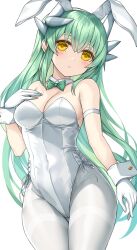 Rule 34 | 1girl, alternate costume, animal ears, arm strap, bare shoulders, blush, bow, bowtie, breasts, cleavage, detached collar, fake animal ears, fate/grand order, fate (series), gloves, green bow, green bowtie, grey hair, hand on own chest, highres, kiyohime (fate), large breasts, leotard, long hair, looking at viewer, morizono shiki, pantyhose, playboy bunny, rabbit ears, solo, thighs, white gloves, white leotard, white pantyhose, yellow eyes