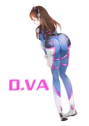 Rule 34 | 1girl, arched back, ass, bodysuit, breasts, brown hair, character name, d.va (overwatch), closed eyes, facepaint, facial mark, from behind, gloves, hand on own elbow, headphones, leaning forward, long hair, medium breasts, overwatch, overwatch 1, pilot suit, profile, sevenann, shoulder pads, simple background, solo, whisker markings, white background, white gloves