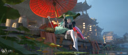 Rule 34 | 1girl, absurdres, animal ears, architecture, asymmetrical legwear, basket, black dress, bridge, canal, cloud, cloudy sky, dress, east asian architecture, fox ears, fox girl, fox tail, green eyes, green hair, highres, holding, holding plant, honkai: star rail, honkai (series), huohuo (honkai: star rail), lantern, leaf, lily pad, long hair, long sleeves, oil-paper umbrella, outdoors, plant, scenery, single thighhigh, sitting, sky, solo, stone lantern, tail, thighhighs, umbrella, void 0, water, white thighhighs