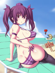 Rule 34 | 1boy, 1girl, arm support, ass, back, balloon, balloon fight, beach, beach chair, bikini, black thighhighs, blue sky, blush, breasts, butt crack, choker, cloud, crossover, day, dimples of venus, feet out of frame, fish, hair ribbon, hat, himekaidou hatate, jema, large breasts, legs together, looking at viewer, looking back, matching hair/eyes, medium breasts, ocean, open mouth, outdoors, piranha, piranha (balloon fight), pointy ears, purple bikini, purple eyes, purple hair, red balloon, ribbon, shiny skin, side-tie bikini bottom, sign, sitting, sky, solo, strap gap, striped bikini, striped clothes, swimsuit, thighhighs, tokin hat, touhou, translation request, twintails, underboob